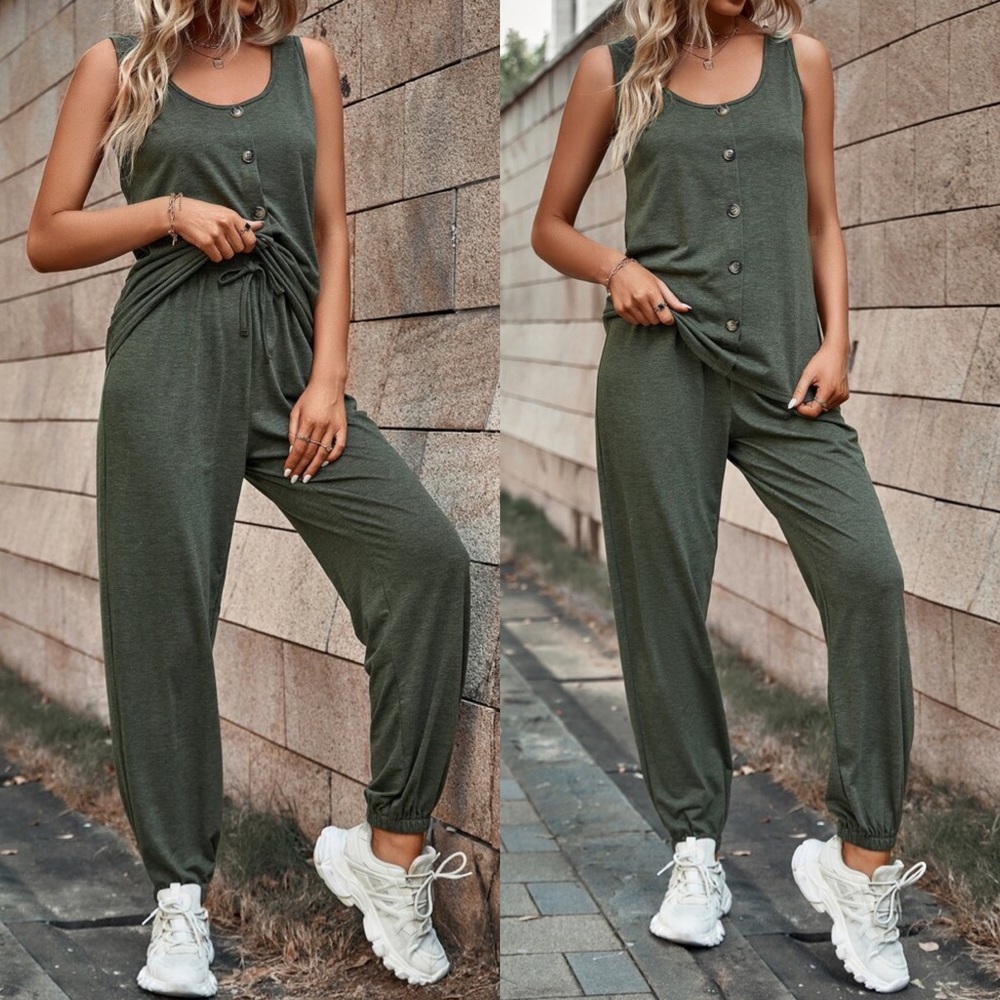 🍃 CASUAL ARMY GREEN LOOSE FIT TOP + SWEATPANTS 2 PIECE SET!